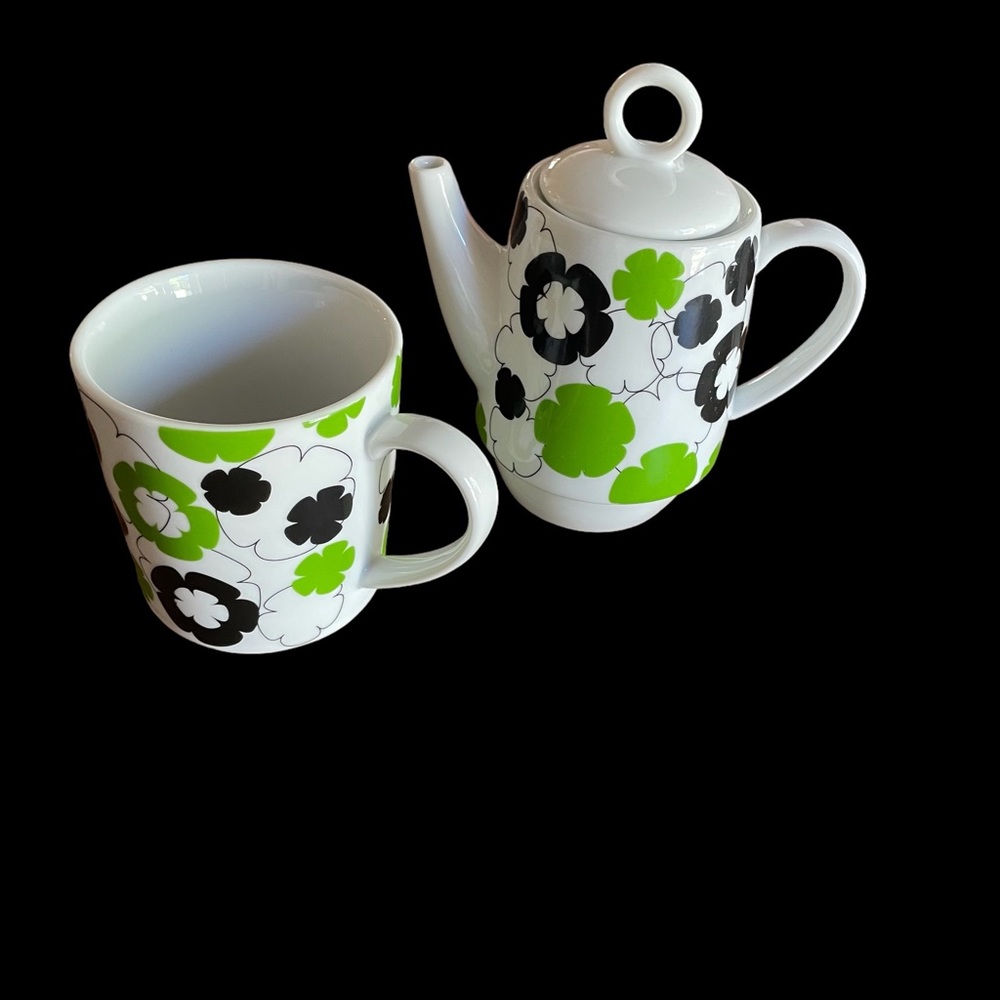 Stackable Teapot And Cup Set Navy Blue Green Modern Style Florals stackable